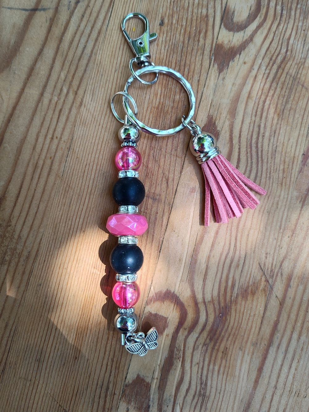 Handmade Pink Tassel Beaded Keychain with Butterfly Charm